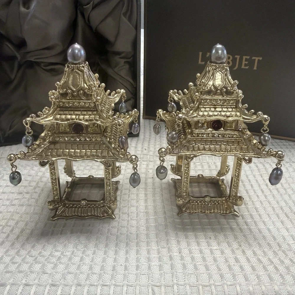 Set 2 L'Objet Pagoda Napkin Jewels Rings Holders 24K Gold Plated Crystals Pearls